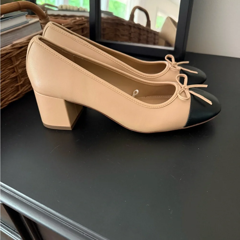 J. Crew Tan and Black Cap-Toe Block Heels - Picture 2 of 7